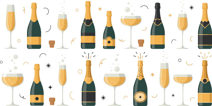 Champagne and Sparkling Wine Vector Illustration Set with Bottles, Glasses, Corks, and Bubbles for Celebration, Party, and Luxury Event Designs