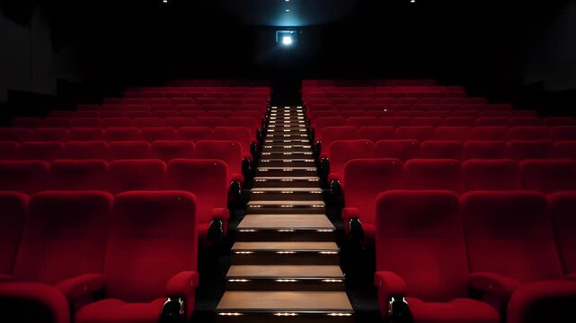 Luxurious empty cinema with red seats and illuminated steps creating dramatic ambiance