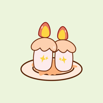 Pair of pink candles with flames on a plate in kawaii doodle style. Ideal for wellness, aromatherapy, cozy atmosphere, and greeting card design.