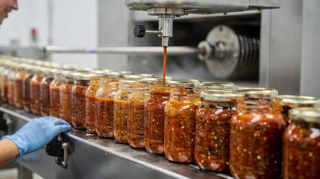 Medium shot of thick marinade being filled into glass jars on a production line showing the capping process and cooling phase in a sterile kitchen environment.