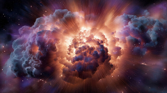 Powerful supernova explosion in deep space with glowing clouds of gas and bright light spreading across the universe