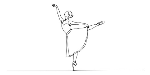 Continuous one line of a ballerina dancing gracefully, representing elegance and art, drawn vector illustration. © Outline Studio