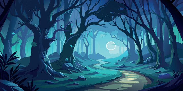 Magical enchanted forest at night with glowing fireflies and moonlit path