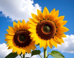 Bright Yellow Sunflowers Against Blue Sky.