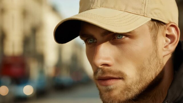 Handsome Young American Man with Blue Eyes Wearing a Beige Baseball Cap