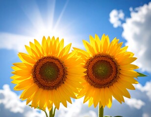 Bright Yellow Sunflowers Against Blue Sky.