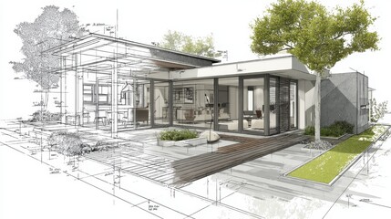 Modern architecture blueprint showing a hybrid design of a house transitioning from a detailed sketch with measurements and lines to a realistic 3d render with landscaping and trees © Newleks