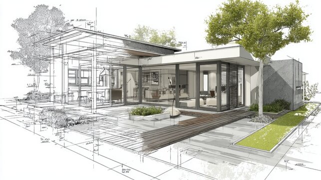Modern architecture blueprint showing a hybrid design of a house transitioning from a detailed sketch with measurements and lines to a realistic 3d render with landscaping and trees