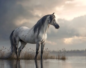 Obraz premium majestic white horse standing in shallow water