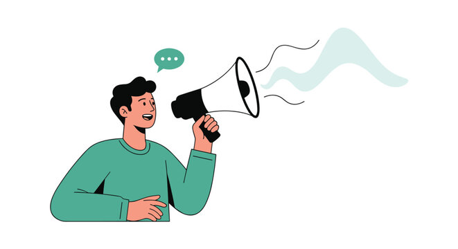 A cheerful man speaks into a megaphone, making an announcement and sharing information, with sound waves indicating active communication.