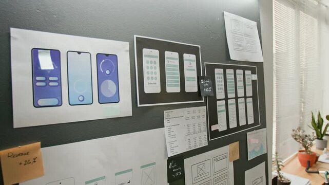 Medium zoom-in shot of wireframe mockups for smartphone mobile application displayed on wall at UI design company, for project workflow management and task performance tracking