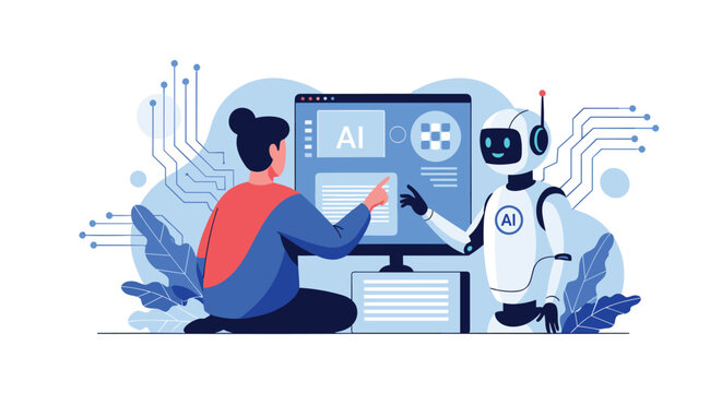 A person and an AI robot collaborate on a digital interface, jointly interacting with a computer screen showcasing artificial intelligence concepts.