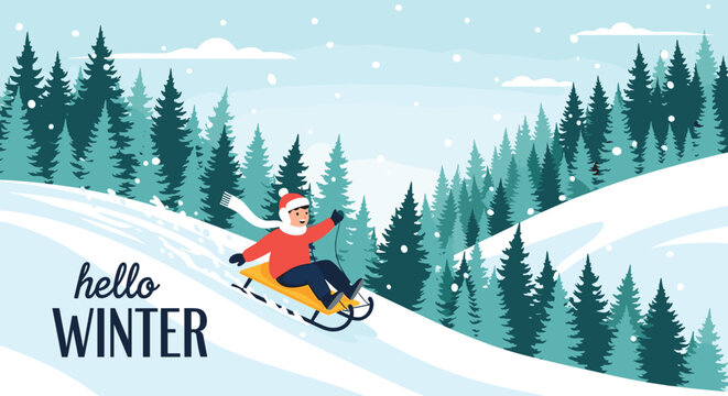 A joyful child enjoys a fun sled ride down a snow-covered hill surrounded by evergreen pine trees, celebrating the winter season.