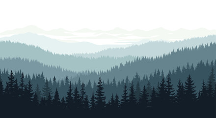 Illustration of a tranquil mountain landscape with a dense coniferous forest in the foreground and layers of misty hills in the distance.
