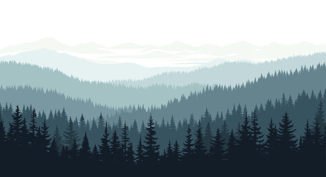 Illustration of a tranquil mountain landscape with a dense coniferous forest in the foreground and layers of misty hills in the distance.