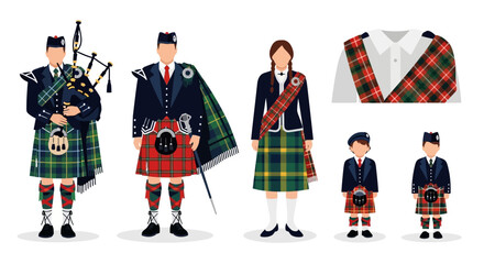 Traditional Scottish Family in Kilt Outfits Standing Together with Bagpipes and Tartan Patterns in a Formal Illustration © Avra