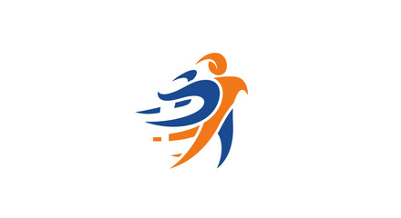 Abstract Dynamic Human Figure Logo in Orange and Blue Representing Motion on Isolated White Background