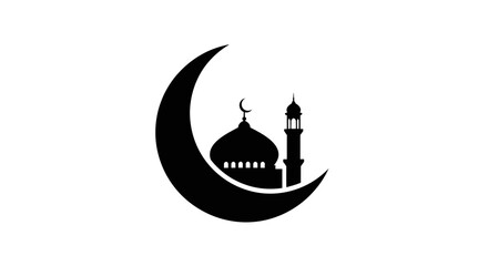 Obraz premium Silhouette of Mosque and Crescent Moon Icon, Isolated White Background