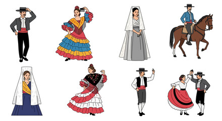 Traditional Spanish Folk Dancers and Matador in Various Costumes, Festive Dance Illustrations