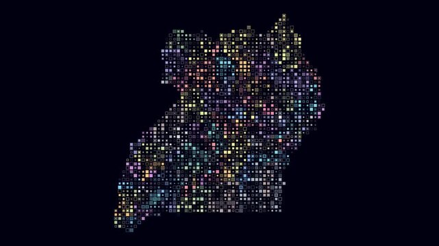 Uganda animated country shape. Pulsating colored dots on the map of the country. Small size square blocks. Digital style Uganda map on dark background. Stylish animation video.