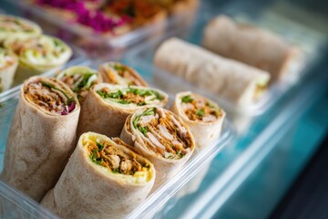 Assorted chicken wraps with fresh vegetables on display in transparent containers