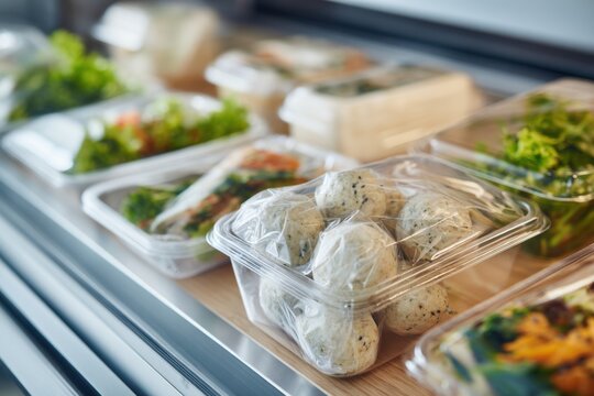 Fresh prepackaged meals with vegetables and rice balls on display