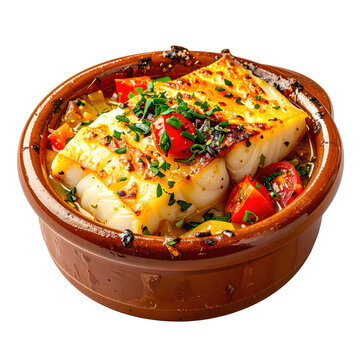 Mouthwatering bacalhau com natas, a delicious portuguese gratin of salt cod, potatoes, and cream, clearly isolated on a white background