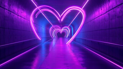 Fototapeta premium A glowing pink heart in a futuristic tunnel with neon lines is suitable for atmospheric backgrounds in contemporary art projects or music videos.