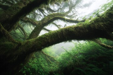 Fototapeta premium Enchanted forest with moss-covered trees and misty atmosphere