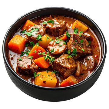 Baeckeoffe stew with succulent pieces of meat and root vegetables in a classic terrine, isolated on white background