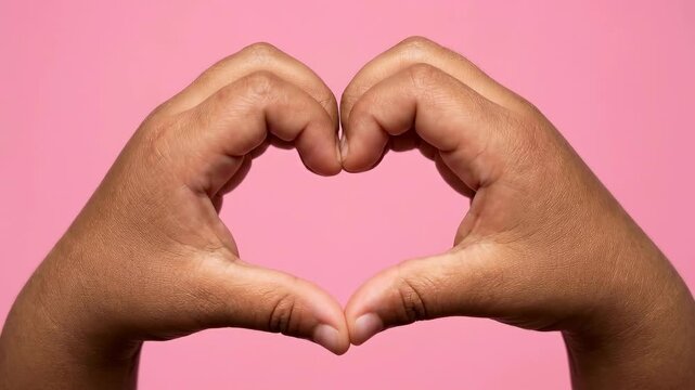 African American Child s hands forming a heart shape on a pink background. Gesture of love, care, and unity for childhood and family concept.