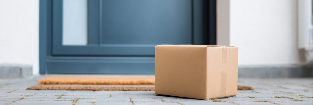 Cardboard box on doorstep mat in front of blue door