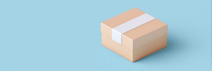 Obraz premium Minimalist beige gift box with white ribbon on light blue background