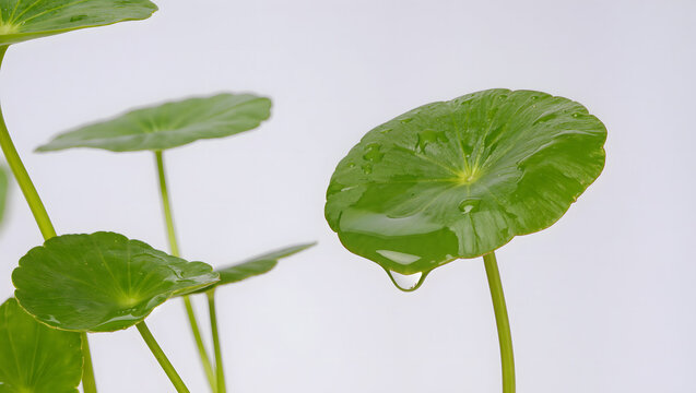 Fresh centella asiatica leaves with stems on light background