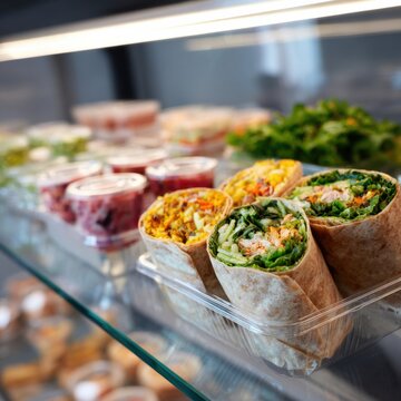 Assorted fresh wraps on display in a deli case with healthy salad options