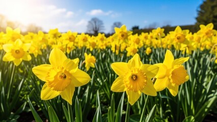 Obraz premium Vibrant field of yellow daffodils blossoms under a bright blue sky, early spring