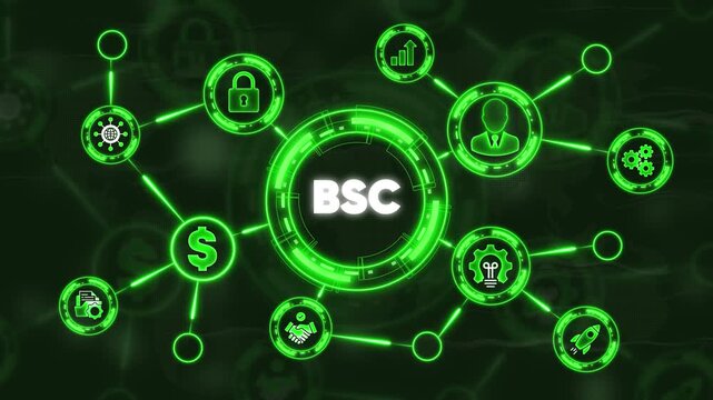B S C business strategy concept with glowing green and connections management planning