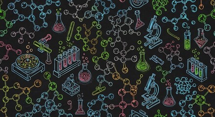 Naklejka premium Colorful Scientific Laboratory Equipment and Molecular Structures on Dark Background.