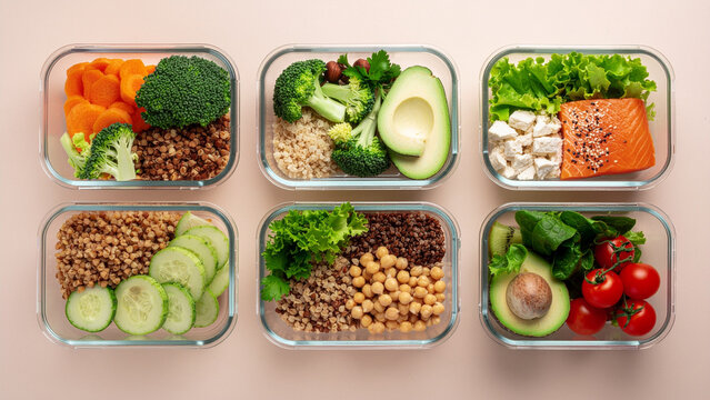 Top view of balanced meal prep containers with salmon, grains, avocado, and vegetables for healthy lunch and nutrition concepts.