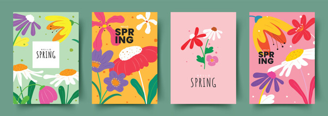 Fototapeta premium PrintA set of four vertical posters featuring vibrant hand-drawn spring flowers and botanical elements with 