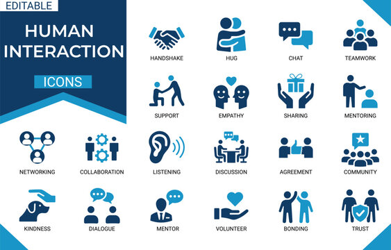 Human interaction solid icon set featuring teamwork, collaboration, handshake, agreement, mentoring, networking, partner, dialogue, trust, business editable soild vector icons collection.
