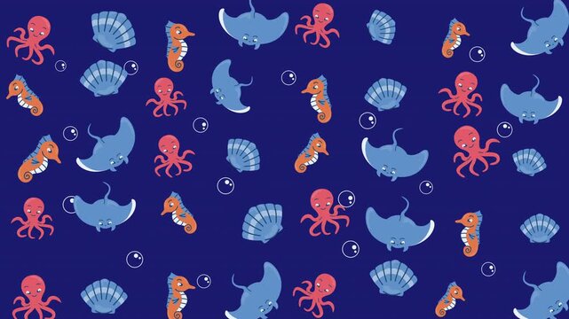 Ocean pattern featuring octopuses, stingrays, seahorses, and seashells, ideal for marine themed designs, textiles, wallpapers, and products.
