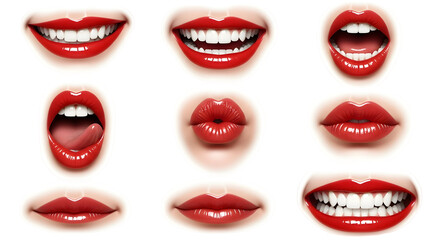 Variety of beautiful red lipsticks on different mouth expressions&nbsp;transparent background png