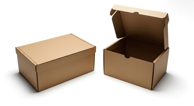 Two brown cardboard boxes on a white background one open and one closed