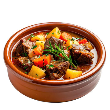 A delicious caldereta de cordero with chunks of tender lamb and potatoes, professionally photographed and isolated on a clean white background
