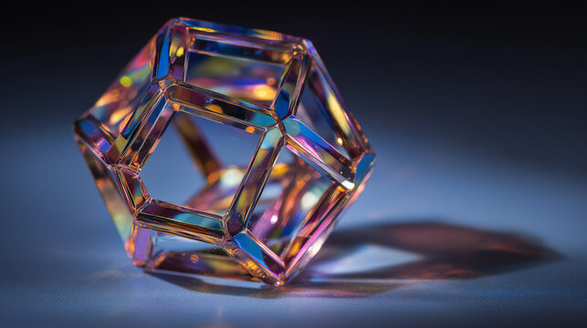 condoning. A naturally formed icosahedral crystal mineral, refracting geometric light in soft natural lighting against a clean background. STEM education sheets.