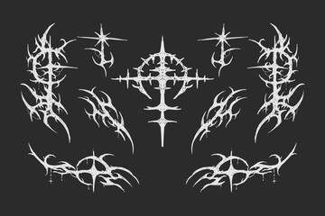 Hand drawn tribal cybersigilsm tattoo design set