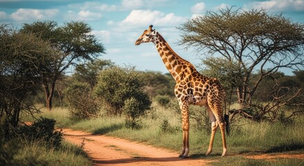 Obraz premium A giraffe standing on a dirt road in a savannah with trees and grass