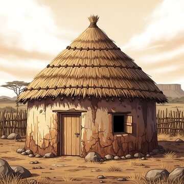 Traditional African thatched hut village home.