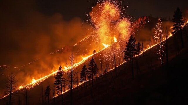 Nighttime wildfire burning through forested mountain slopes with glowing flames and thick smoke, dramatic natural disaster scene